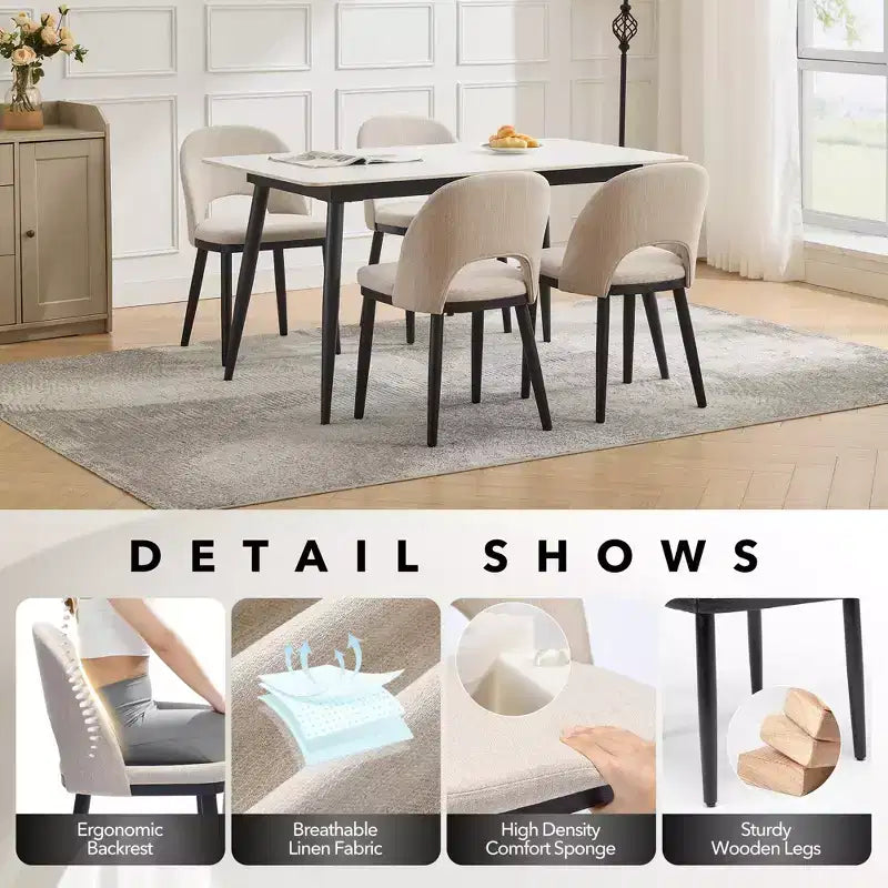 Lot de 2 chaises de salle à manger rembourrées, chaises d'appoint de cuisine modernes en tissu avec coussins épais et pieds en bois, chaises confortables avec dossier incurvé
