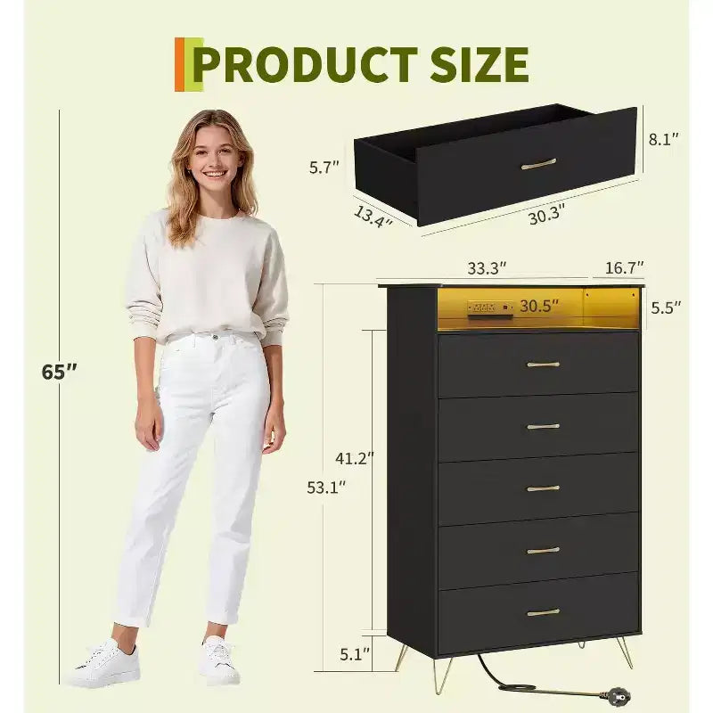 Commode haute moderne à 5 tiroirs pour chambre, commode en bois avec glissières à fermeture silencieuse, organisateur de rangement blanc résistant à l'eau pour couloir