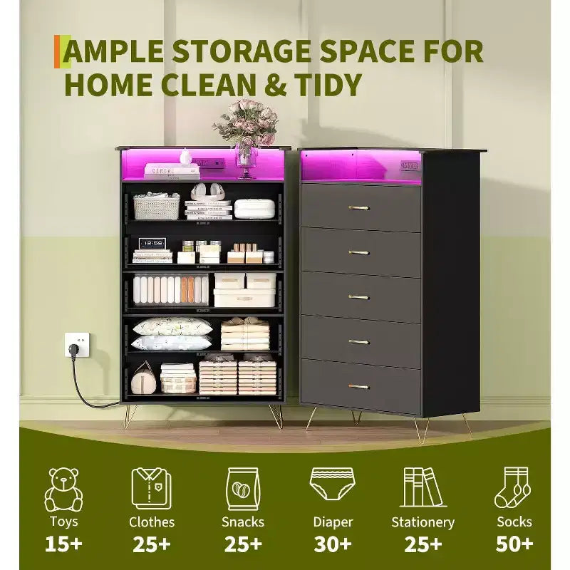 Commode haute moderne à 5 tiroirs pour chambre, commode en bois avec glissières à fermeture silencieuse, organisateur de rangement blanc résistant à l'eau pour couloir