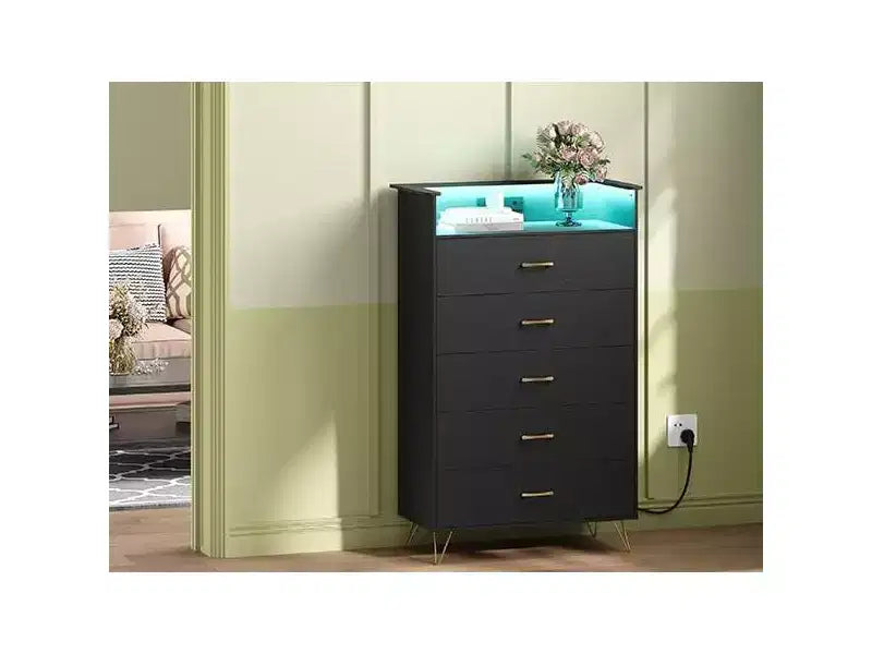 Commode haute moderne à 5 tiroirs pour chambre, commode en bois avec glissières à fermeture silencieuse, organisateur de rangement blanc résistant à l'eau pour couloir