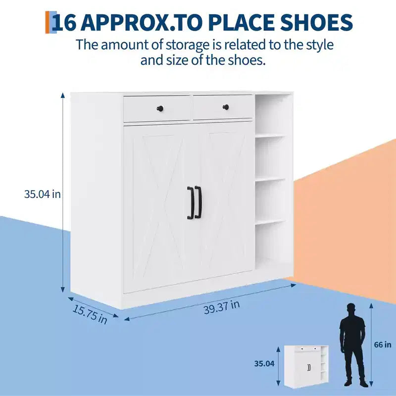 Meuble à chaussures avec 2 portes de grange et 2 tiroirs, rangement à chaussures d'entrée à 7 niveaux avec étagères réglables