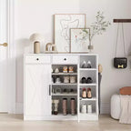 Meuble à chaussures avec 2 portes de grange et 2 tiroirs, rangement à chaussures d'entrée à 7 niveaux avec étagères réglables