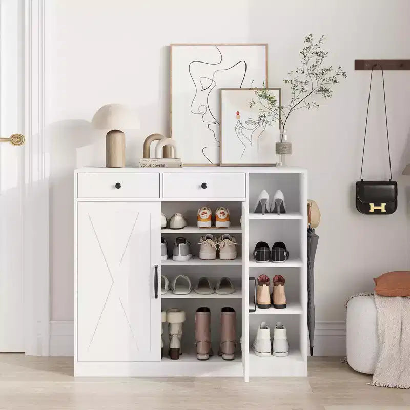Meuble à chaussures avec 2 portes de grange et 2 tiroirs, rangement à chaussures d'entrée à 7 niveaux avec étagères réglables
