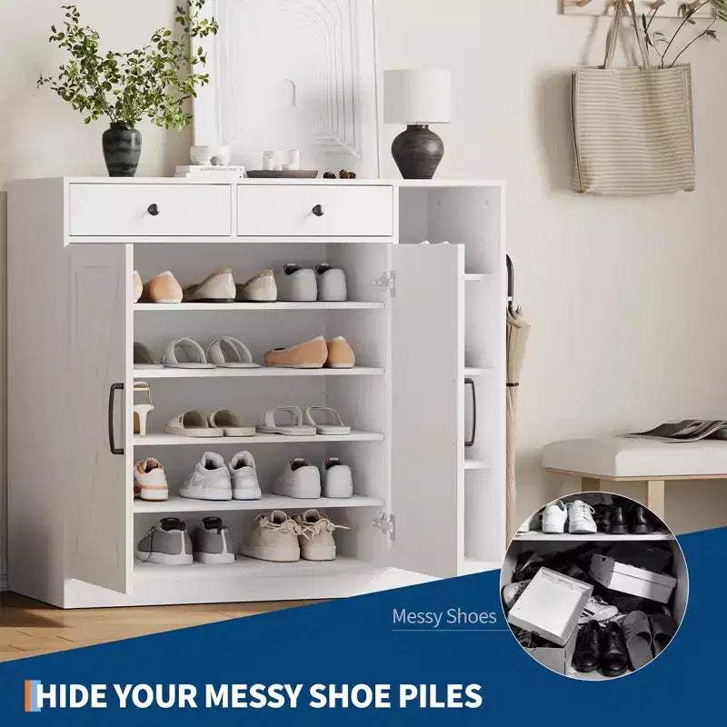 Meuble à chaussures avec 2 portes de grange et 2 tiroirs, rangement à chaussures d'entrée à 7 niveaux avec étagères réglables