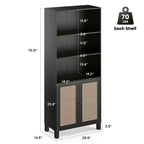 Grande bibliothèque à 5 niveaux avec portes en rotin, étagères de rangement en bois pour bibliothèque, salon, chambre, bureau à domicile