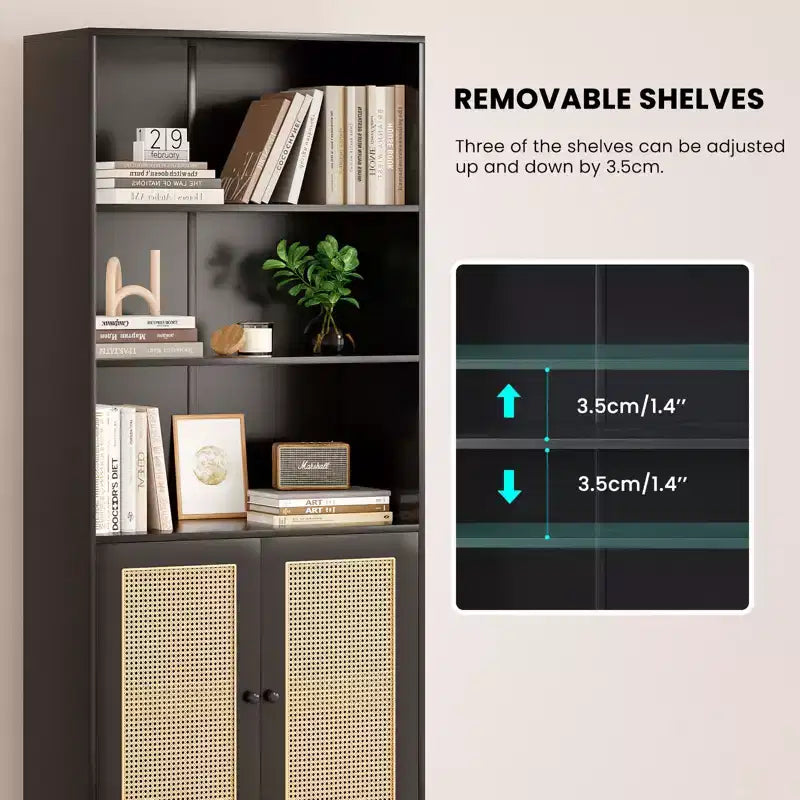 Grande bibliothèque à 5 niveaux avec portes en rotin, étagères de rangement en bois pour bibliothèque, salon, chambre, bureau à domicile