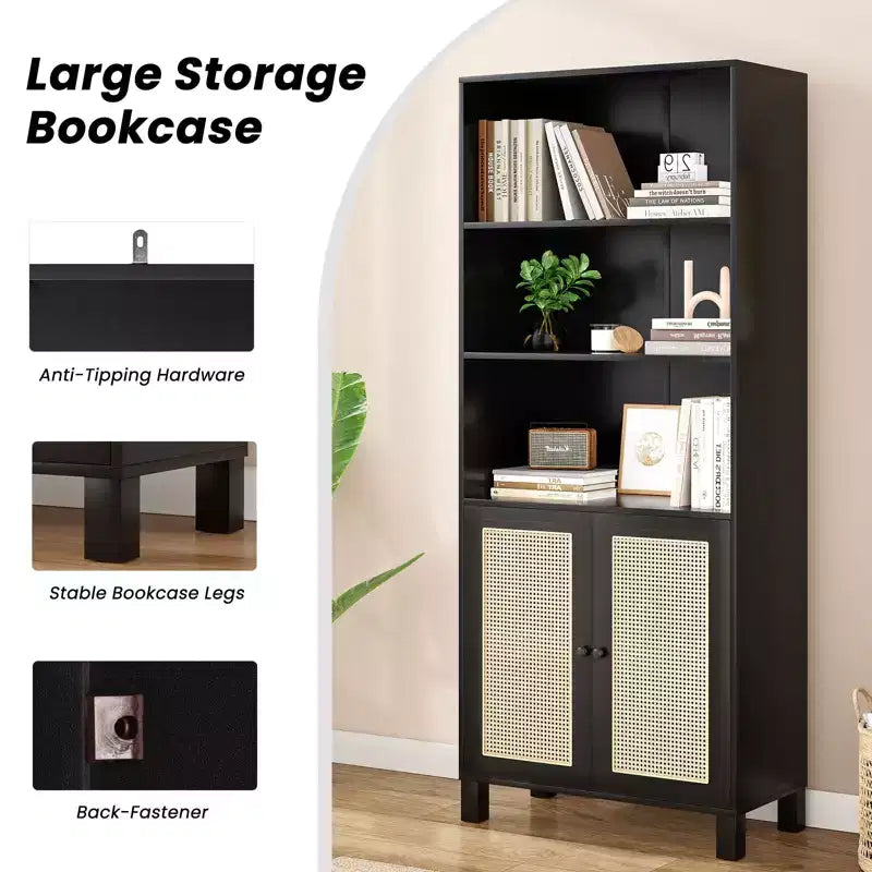 Grande bibliothèque à 5 niveaux avec portes en rotin, étagères de rangement en bois pour bibliothèque, salon, chambre, bureau à domicile