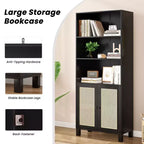 Grande bibliothèque à 5 niveaux avec portes en rotin, étagères de rangement en bois pour bibliothèque, salon, chambre, bureau à domicile
