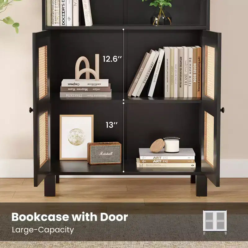 Grande bibliothèque à 5 niveaux avec portes en rotin, étagères de rangement en bois pour bibliothèque, salon, chambre, bureau à domicile