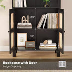 Grande bibliothèque à 5 niveaux avec portes en rotin, étagères de rangement en bois pour bibliothèque, salon, chambre, bureau à domicile