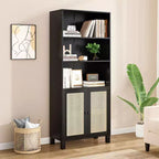 Grande bibliothèque à 5 niveaux avec portes en rotin, étagères de rangement en bois pour bibliothèque, salon, chambre, bureau à domicile