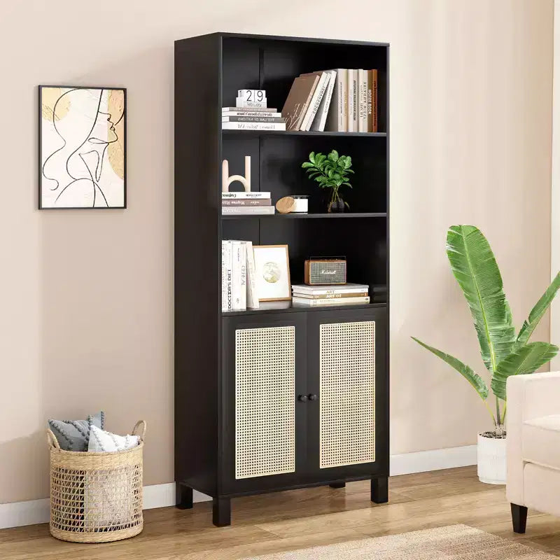 Grande bibliothèque à 5 niveaux avec portes en rotin, étagères de rangement en bois pour bibliothèque, salon, chambre, bureau à domicile