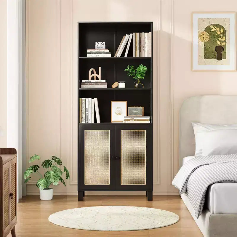 Grande bibliothèque à 5 niveaux avec portes en rotin, étagères de rangement en bois pour bibliothèque, salon, chambre, bureau à domicile