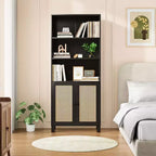 Grande bibliothèque à 5 niveaux avec portes en rotin, étagères de rangement en bois pour bibliothèque, salon, chambre, bureau à domicile