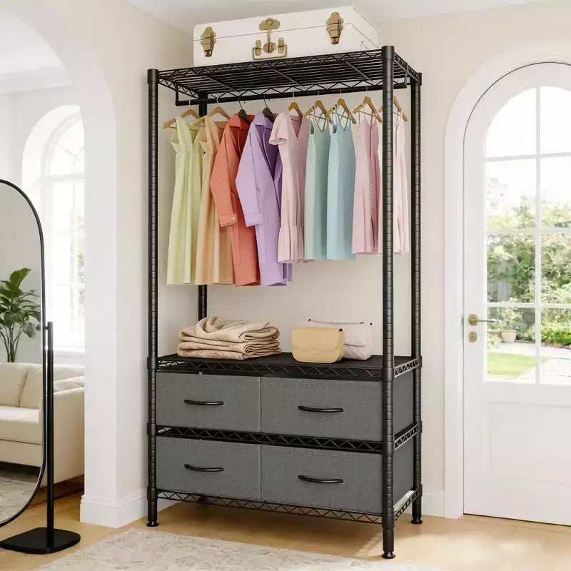 Portant à vêtements autoportant avec étagères réglables et quatre tiroirs en tissu, organisateur de vêtements robuste
