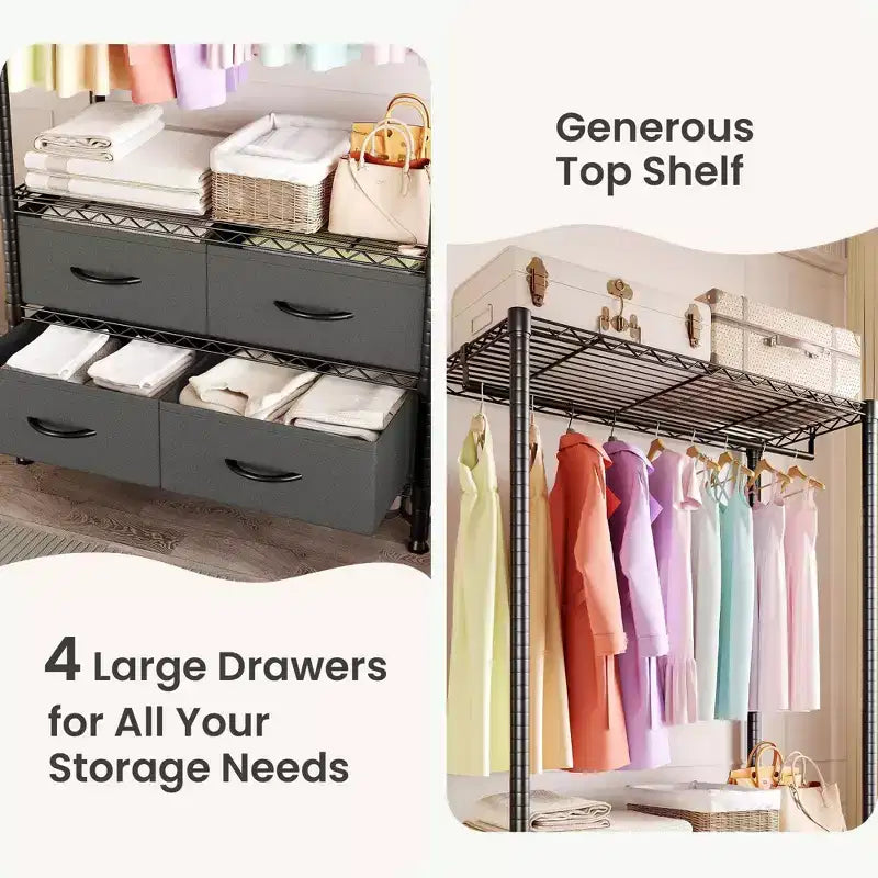 Portant à vêtements autoportant avec étagères réglables et quatre tiroirs en tissu, organisateur de vêtements robuste