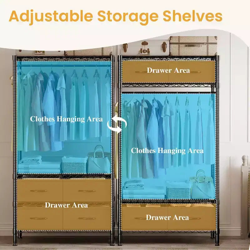 Portant à vêtements autoportant avec étagères réglables et quatre tiroirs en tissu, organisateur de vêtements robuste