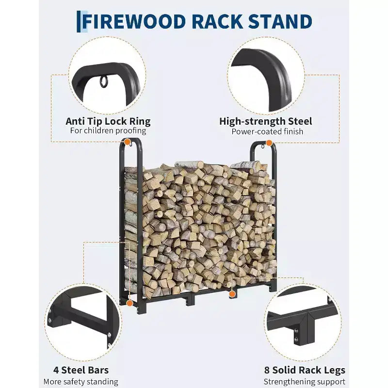 Support de bûches 1,20 m, porte-bûches en acier, organiseur de rangement de bois, empileur de bois réglable