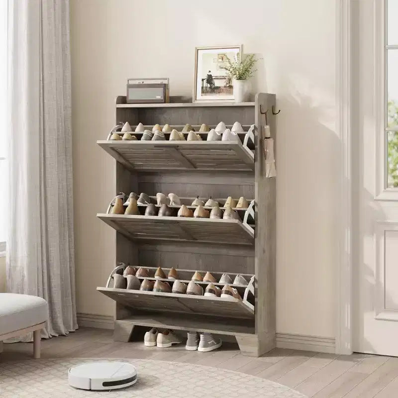 Meuble à chaussures étroit 3 tiroirs avec portes ventilées et crochets - Organisateur de rangement gain de place pour l'entrée