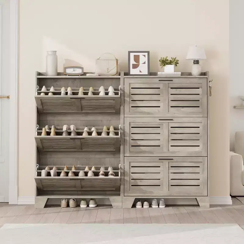 Meuble à chaussures étroit 3 tiroirs avec portes ventilées et crochets - Organisateur de rangement gain de place pour l'entrée