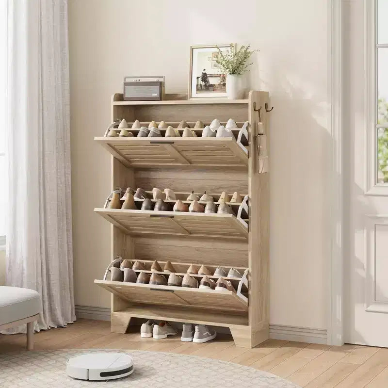 Meuble à chaussures étroit 3 tiroirs avec portes ventilées et crochets - Organisateur de rangement gain de place pour l'entrée
