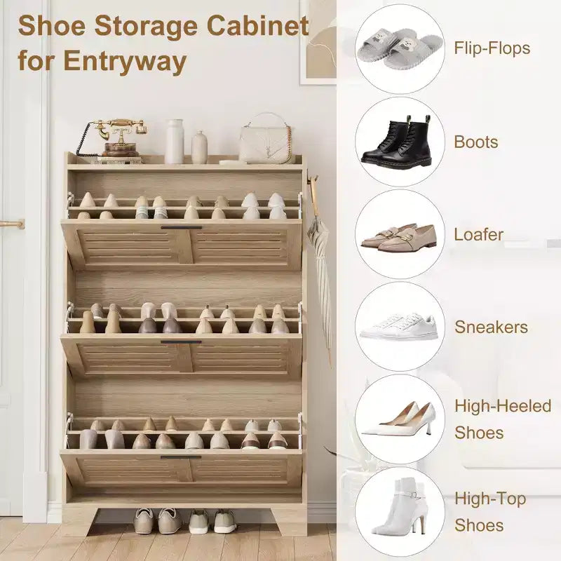 Meuble à chaussures étroit 3 tiroirs avec portes ventilées et crochets - Organisateur de rangement gain de place pour l'entrée