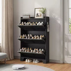 Meuble à chaussures étroit 3 tiroirs avec portes ventilées et crochets - Organisateur de rangement gain de place pour l'entrée
