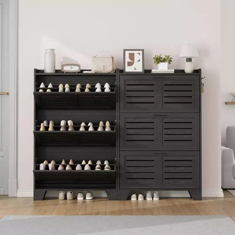 Meuble à chaussures étroit 3 tiroirs avec portes ventilées et crochets - Organisateur de rangement gain de place pour l'entrée
