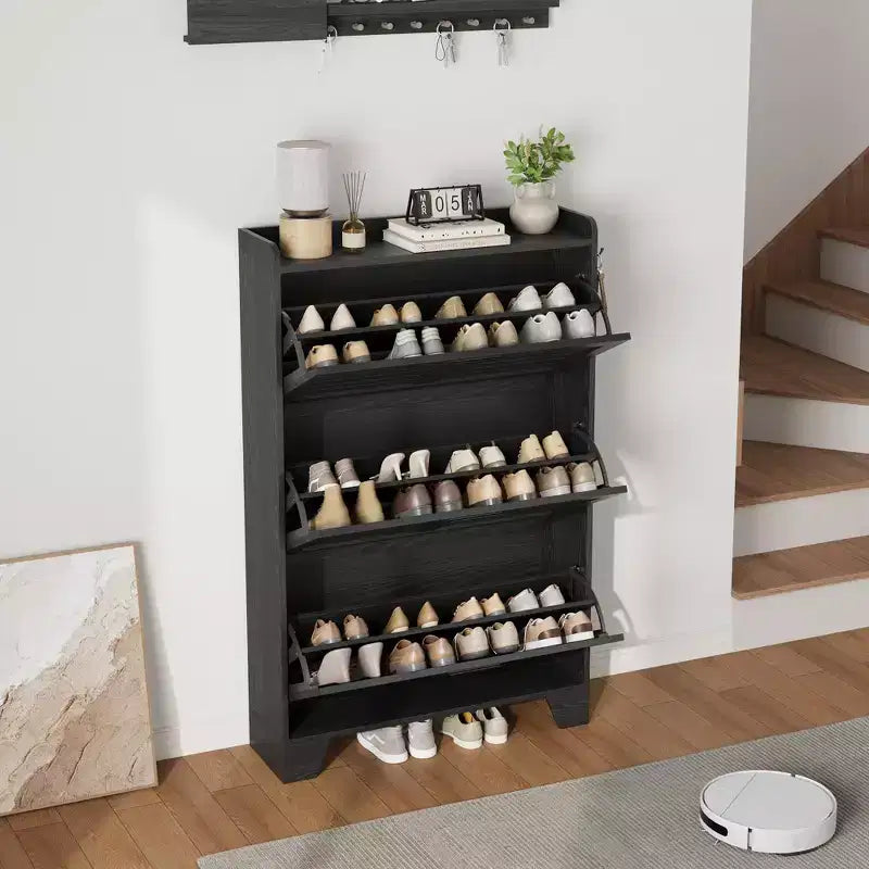 Meuble à chaussures étroit 3 tiroirs avec portes ventilées et crochets - Organisateur de rangement gain de place pour l'entrée