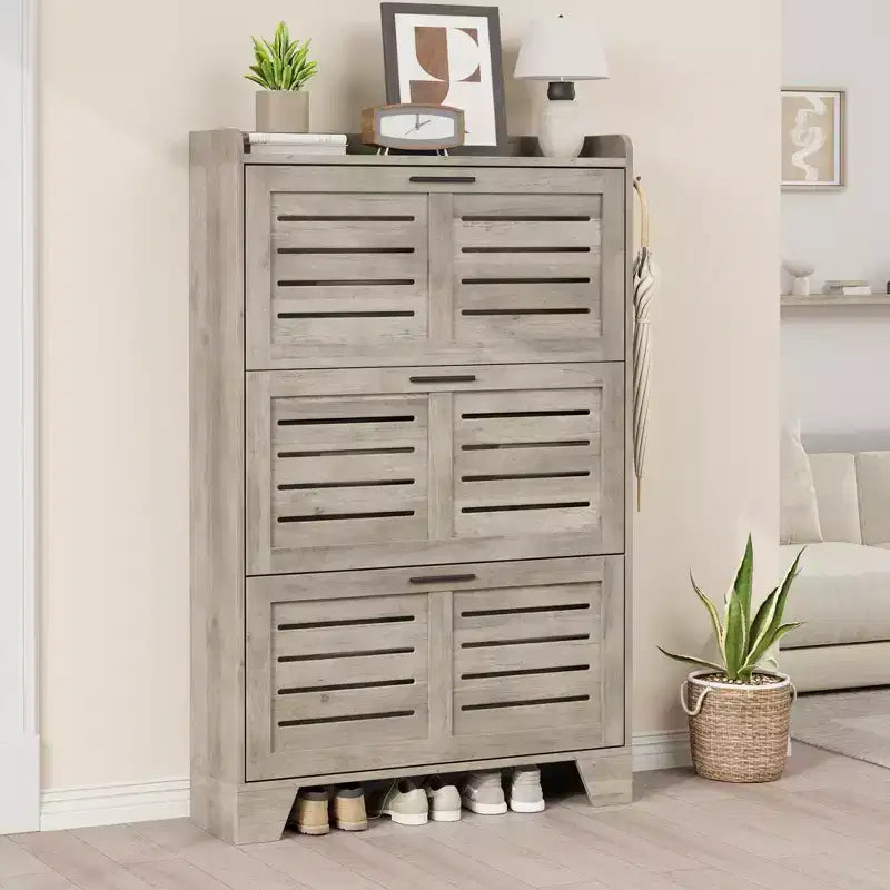 Meuble à chaussures étroit 3 tiroirs avec portes ventilées et crochets - Organisateur de rangement gain de place pour l'entrée