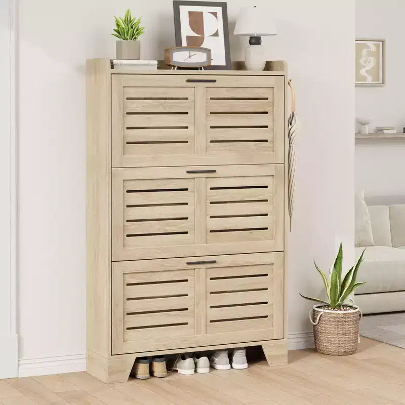 Meuble à chaussures étroit 3 tiroirs avec portes ventilées et crochets - Organisateur de rangement gain de place pour l'entrée