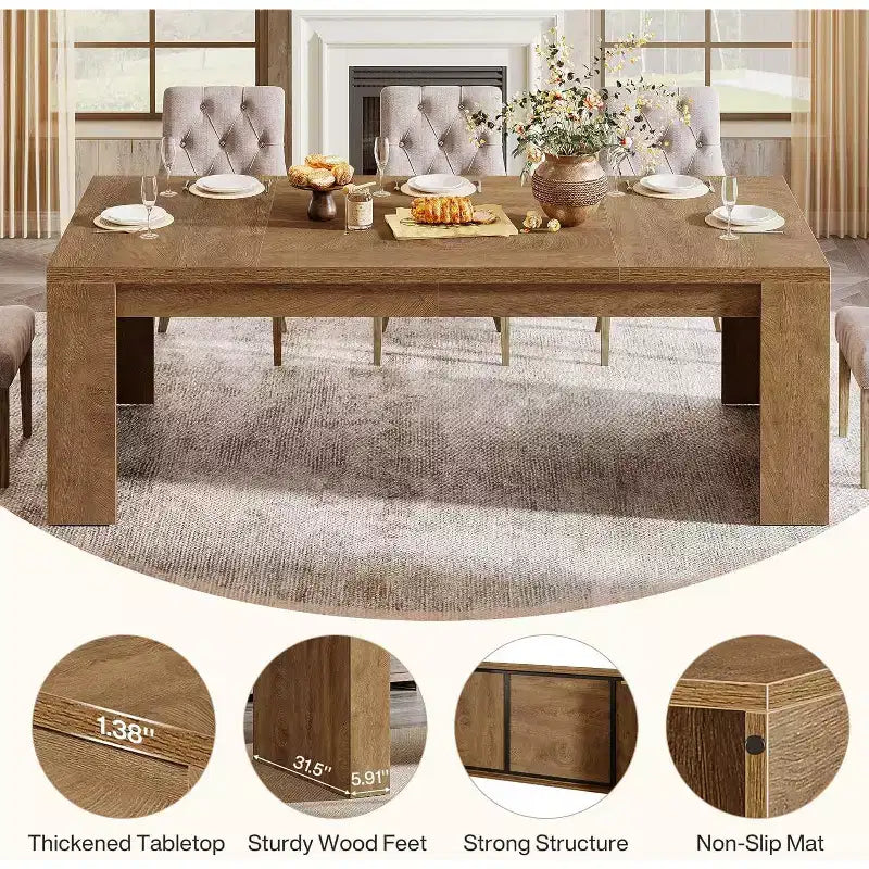 Table à manger rectangulaire de 180 cm pour 6-8 personnes, table de cuisine en bois de style rustique, grand meuble de salle à manger pour cuisine, salon