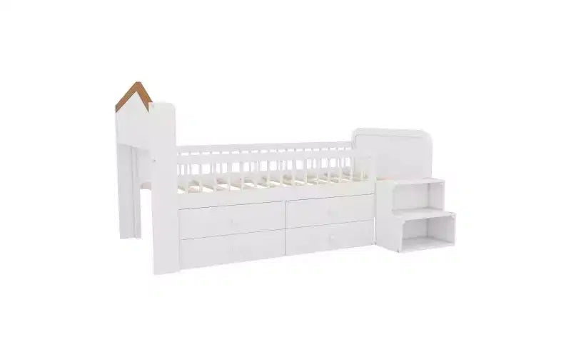 Lit mezzanine bas avec lumières LED, lit superposé en bois avec tête de lit en forme de maison, lit mezzanine pour enfants avec tiroirs de rangement, blanc