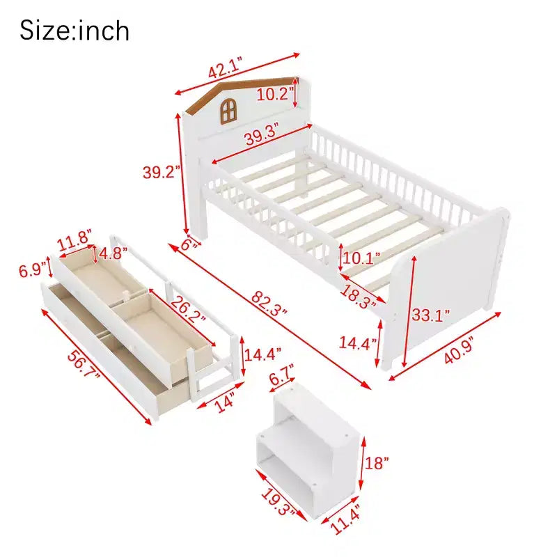 Lit mezzanine bas avec lumières LED, lit superposé en bois avec tête de lit en forme de maison, lit mezzanine pour enfants avec tiroirs de rangement, blanc