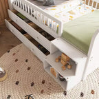 Lit mezzanine bas avec lumières LED, lit superposé en bois avec tête de lit en forme de maison, lit mezzanine pour enfants avec tiroirs de rangement, blanc