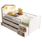 Lit mezzanine bas avec lumières LED, lit superposé en bois avec tête de lit en forme de maison, lit mezzanine pour enfants avec tiroirs de rangement, blanc