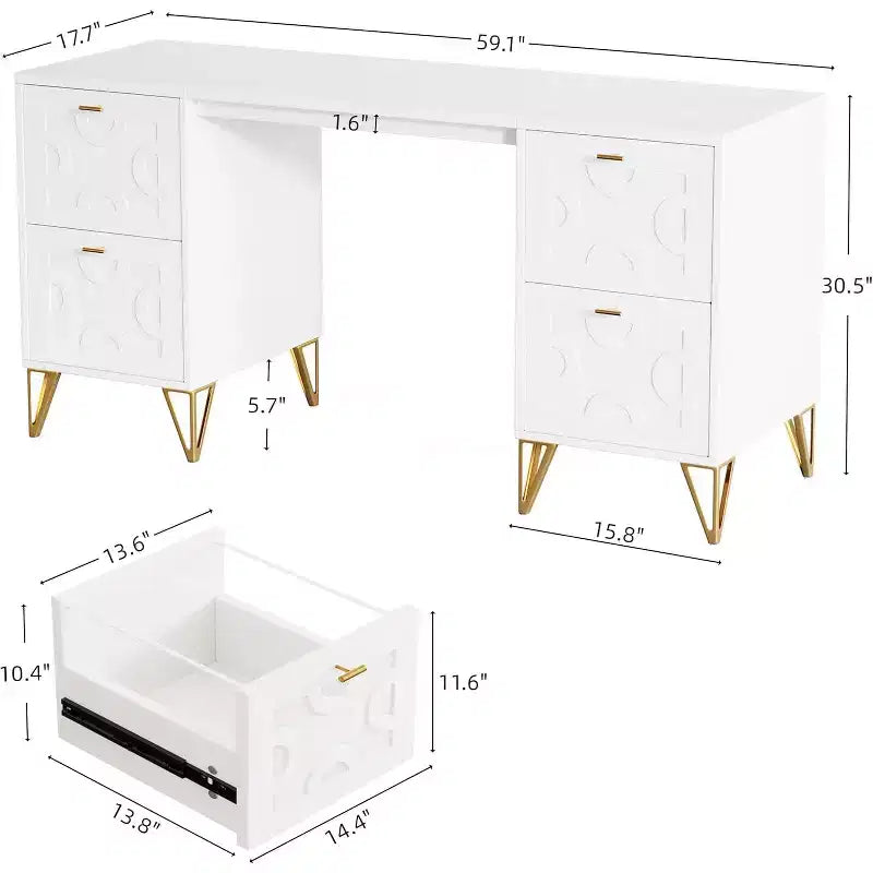 Bureau blanc de 150 cm avec tiroirs, bureau d'ordinateur moderne avec pieds dorés et rangements pour chambre à coucher, espace de travail, salon