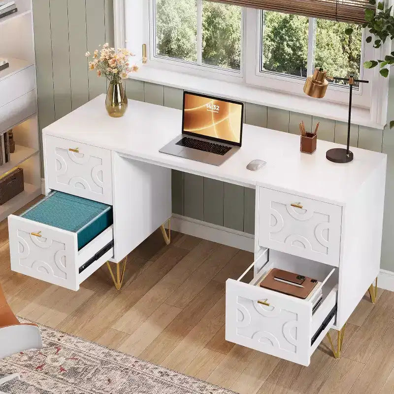 Bureau blanc de 150 cm avec tiroirs, bureau d'ordinateur moderne avec pieds dorés et rangements pour chambre à coucher, espace de travail, salon