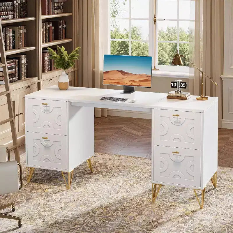 Bureau blanc de 150 cm avec tiroirs, bureau d'ordinateur moderne avec pieds dorés et rangements pour chambre à coucher, espace de travail, salon