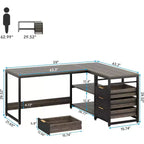 Bureau d'ordinateur en L de 150 cm avec tiroirs de rangement et étagères, bureau d'angle réversible pour bureau à domicile, gris