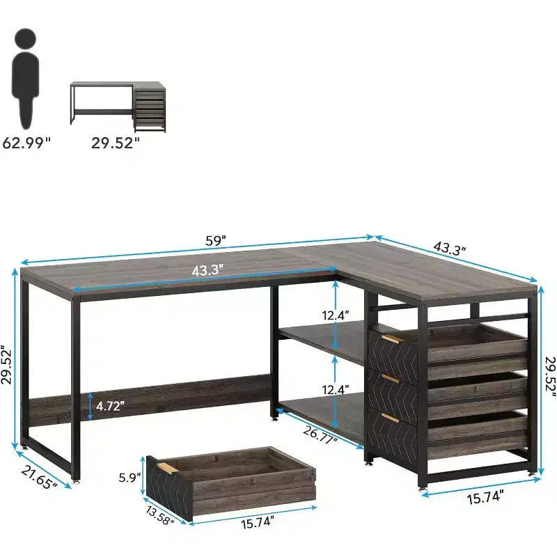 Bureau d'ordinateur en L de 150 cm avec tiroirs de rangement et étagères, bureau d'angle réversible pour bureau à domicile, gris