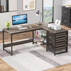 Bureau d'ordinateur en L de 150 cm avec tiroirs de rangement et étagères, bureau d'angle réversible pour bureau à domicile, gris