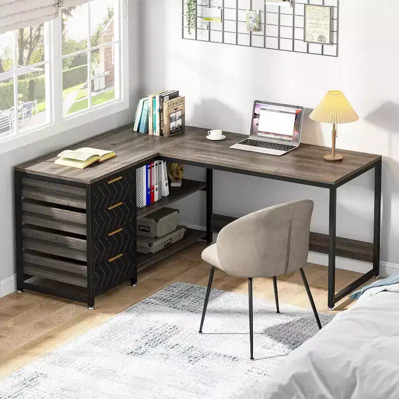 Bureau d'ordinateur en L de 150 cm avec tiroirs de rangement et étagères, bureau d'angle réversible pour bureau à domicile, gris