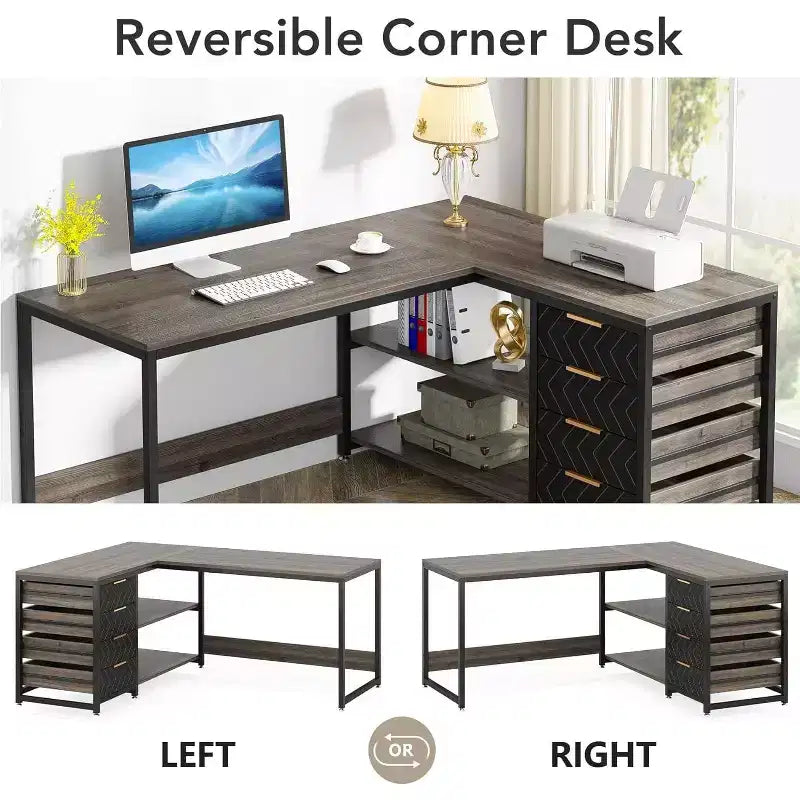 Bureau d'ordinateur en L de 150 cm avec tiroirs de rangement et étagères, bureau d'angle réversible pour bureau à domicile, gris