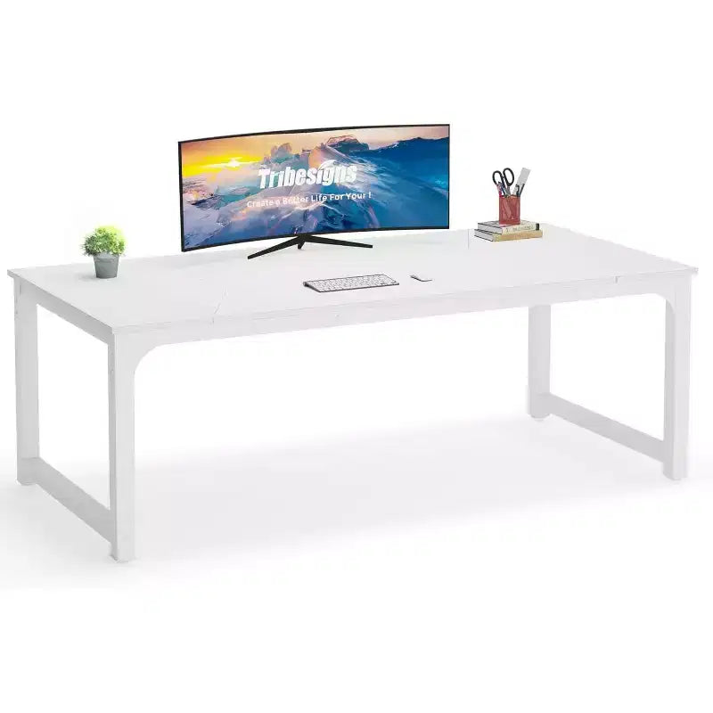 Bureau d'ordinateur moderne, grand bureau de direction de 200 x 100 cm, table d'ordinateur, bureau d'étude, poste de travail pour bureau à domicile, blanc