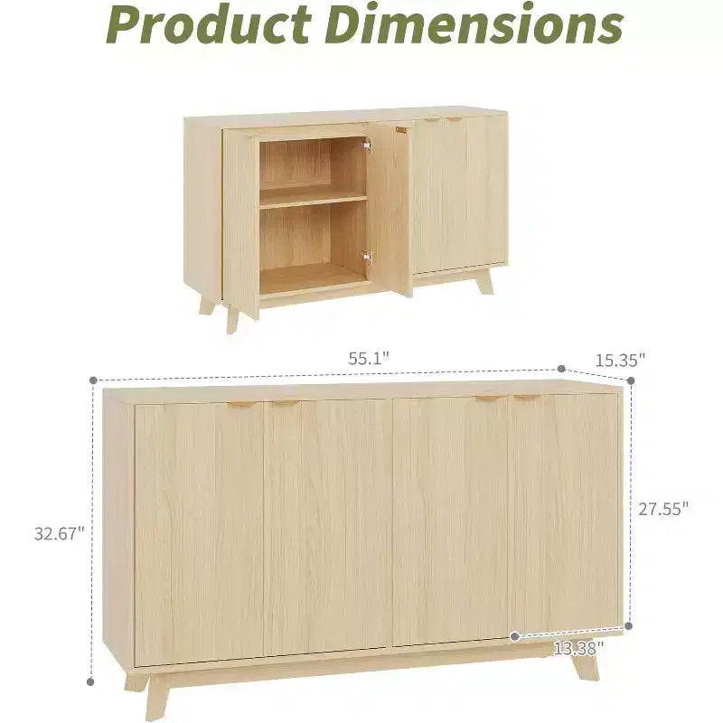Meuble buffet avec rangements, console moderne à cannelures avec portes et étagères réglables, table console de bar à café en bois de 140 cm