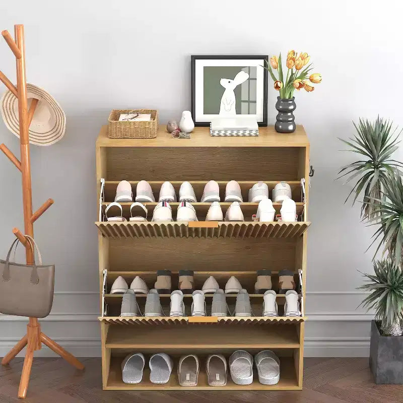 Meuble à chaussures fin de style moderne du milieu du siècle, organiseur d'entrée à tiroir basculant avec séparateurs et crochets réglables