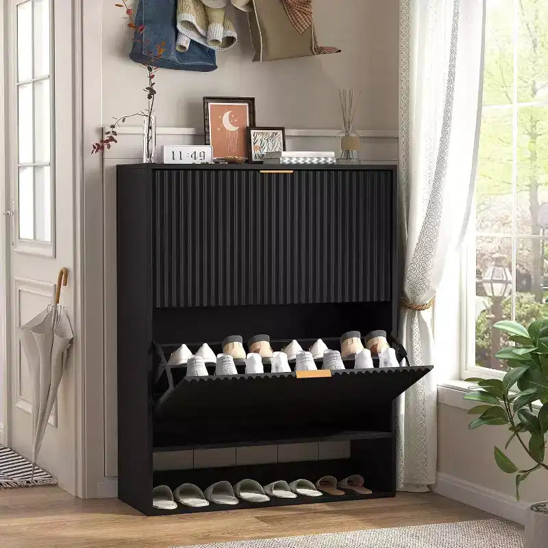 Meuble à chaussures fin de style moderne du milieu du siècle, organiseur d'entrée à tiroir basculant avec séparateurs et crochets réglables