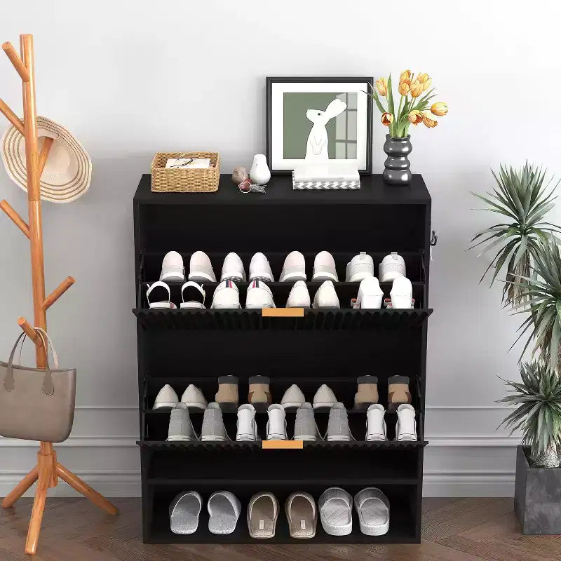 Meuble à chaussures fin de style moderne du milieu du siècle, organiseur d'entrée à tiroir basculant avec séparateurs et crochets réglables