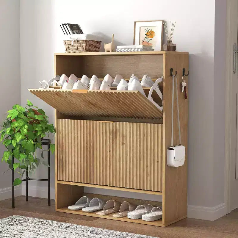 Meuble à chaussures fin de style moderne du milieu du siècle, organiseur d'entrée à tiroir basculant avec séparateurs et crochets réglables